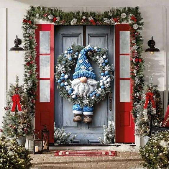 Christmas Gnome Door Cover 70.87x35.43 Inch Holiday Front Porch Door Blue White Beard Pine Cone Background Hanging Banner for Indoor Outdoor Winter Decor (Banner, Not a Real Wreath）