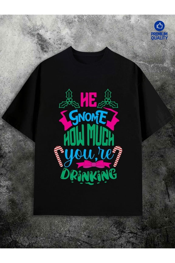 Christmas Gnome Drinking Christmas t shirt t-shirts men's 180G 100% Cotton black Regular fit, everyday comfort, relaxed and urban style For summer Casual Daily Wear Spring and summer clothing humor