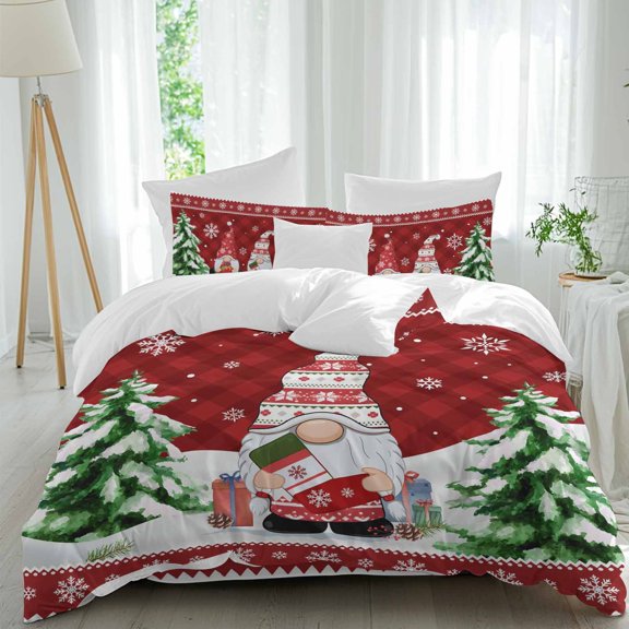Christmas Gnome Duvet Cover Set Full Size, Red Dwarfs Xmas Tree Snowflakes Argyle Plaid 4 Piece Soft Microfiber Bedding Set with 1 Duvet Cover, 1 Flat Sheet, 2 Pillowcases