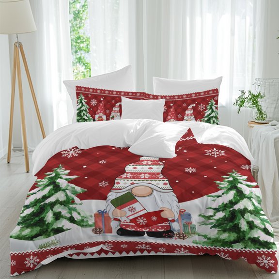 Christmas Gnome Duvet Cover Set King Size, Red Dwarfs Xmas Tree Snowflakes Argyle Plaid 4 Piece Soft Microfiber Bedding Set with 1 Duvet Cover, 1 Flat Sheet, 2 Pillowcases