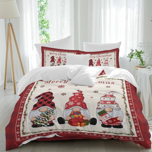 Christmas Gnome Duvet Cover Set King Size, Xmas Dwarfs Snowflakes Beige Red Plaid 4 Piece Soft Microfiber Bedding Set with 1 Duvet Cover, 1 Flat Sheet, 2 Pillowcases