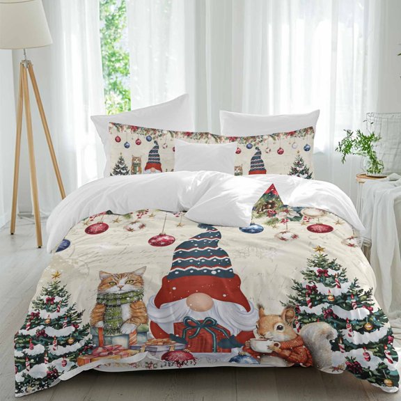 Christmas Gnome Duvet Cover Set Queen Size, Squirrel Cat Poinsettia Xmas Tree Beige 4 Piece Soft Microfiber Bedding Set with 1 Duvet Cover, 1 Flat Sheet, 2 Pillowcases
