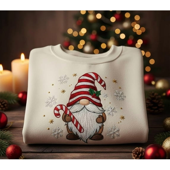 Christmas Gnome Embroidered Sweatshirt – Holiday Candy Cane Scandinavian Gnome Design, Cute Winter Crewneck Gift for Women