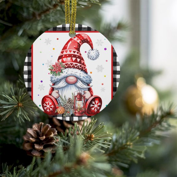 Christmas Gnome Flower Pinecone Christmas Ceramic Ornament 2026,3" Round Xmas Tree Hanging Accessories with Ribbon,Winter Snowflake Buffalo Plaid Pendant Ornaments for Holiday Gift Home Party Decor