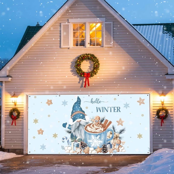 Christmas Gnome Garage Door Banner Covers, Xmas Coffee Gingerbread Man Biscuits Winter Snowflakes Blue Large Hanging Indoor/Outdoor Backdrop Background for Christmas Winter Party Decor, 6.9x8 FT