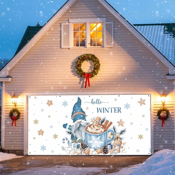 Christmas Gnome Garage Door Banner Covers, Xmas Coffee Gingerbread Man Biscuits Winter Snowflakes Large Hanging Indoor/Outdoor Backdrop Background for Christmas Winter Party Decor, 6x13 FT
