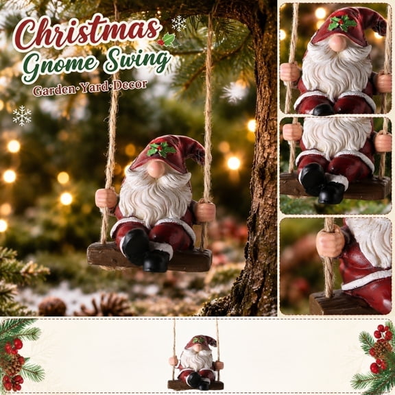 Christmas Gnome Garden Decor, Hanging Swing Resin Figurine, Outdoor Yard Art Statue for Holiday Porch & Patio Decorations, Unique Christmas Gifts for Family, A