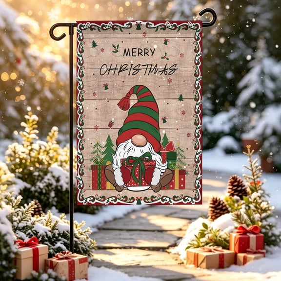 Christmas Gnome Garden Flag 12x18 inch Red Green Winter Dwarfs Xmas Box Wood Grain Double Sided Small Decorative Garden Flags for Outside, Outdoor Yard Porch Lawn Decoration