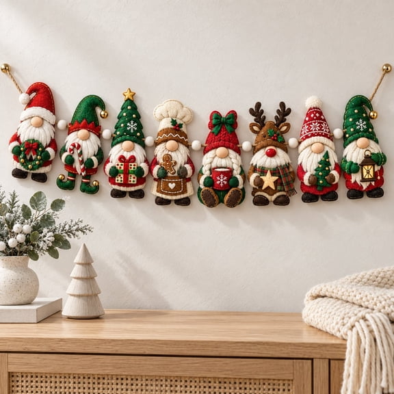 Christmas Gnome Garland, Wooden Mantel Decor for Holiday Home