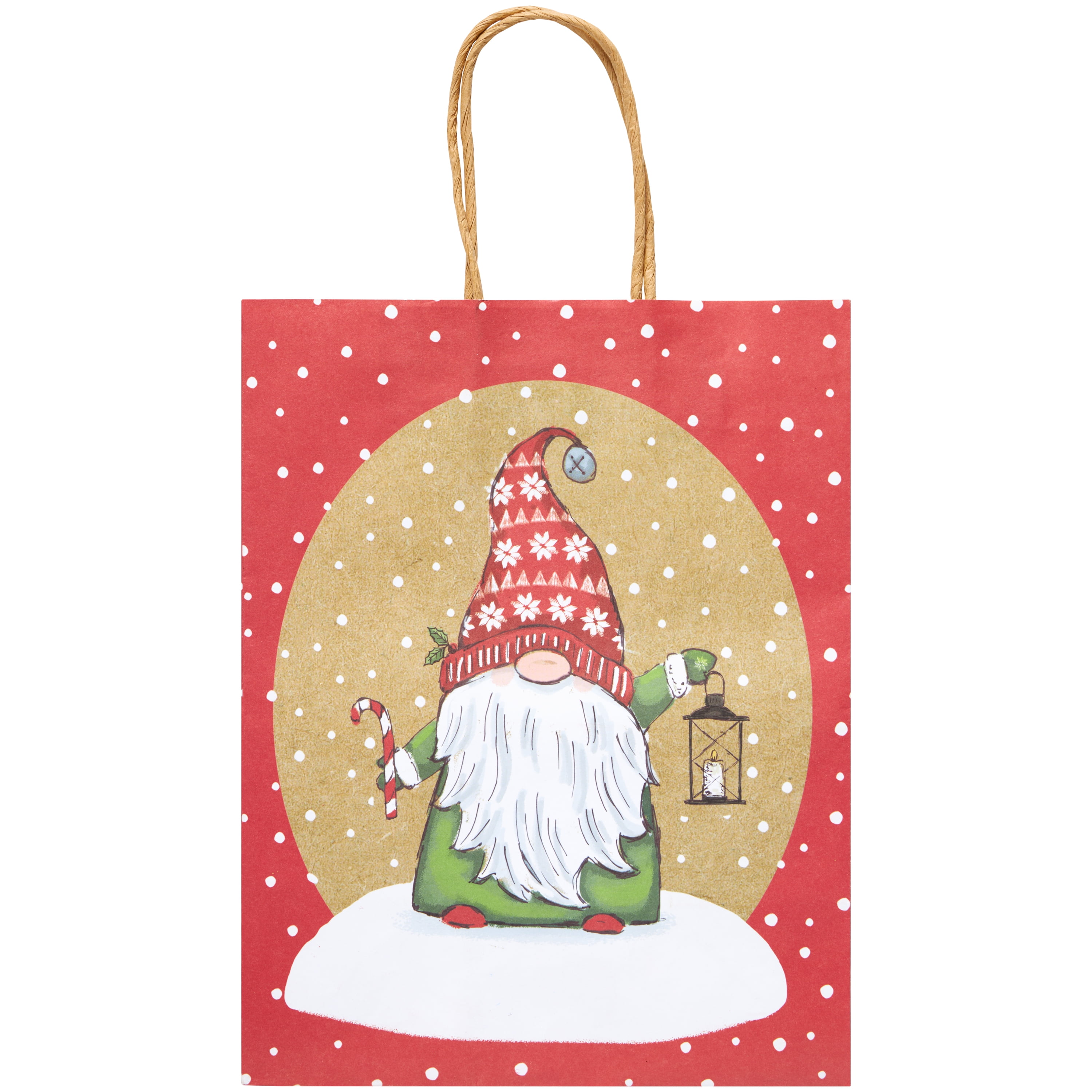 Christmas Gnome Gift Bags, Brown Kraft Paper, Red, Small, Paper Handle