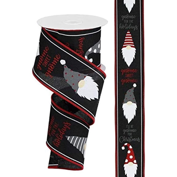 Christmas Gnome Head Canvas Wired Edge Ribbon - 10 Yards (Red, Black, Grey, White, 2.5")