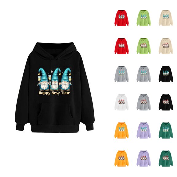 Christmas Gnome Hoodies for Women 2025 Long Sleeve Happy New Tear Graphic Hooded Sweatshirt with Pockets Pullover Tops