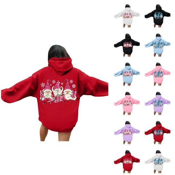 Christmas Gnome Hoodies for Women 2025 Long Sleeve Holiday Graphic Hooded Sweatshirt with Pockets Pullover Tops