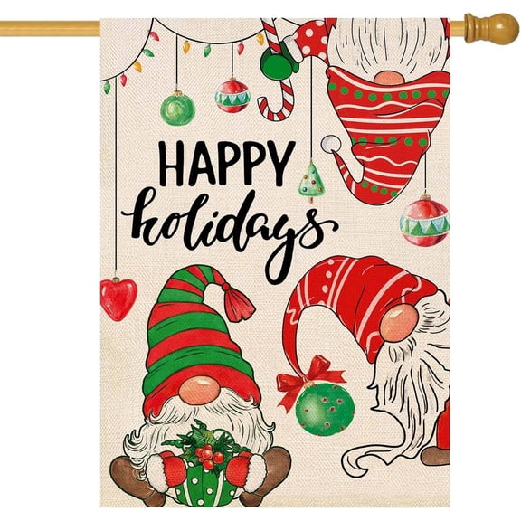 Christmas Gnome House Flag Happy Holidays Burlap Vertical Double Sided Christmas Ball Qrnaments Flag Xmas Farmhouse Seasonal Winter Holiday Yard Outdoor Decoration 28x40 Inch