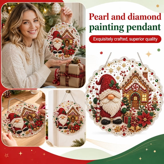 Christmas Gnome House Pearl Diamond Painting Kit, 3D Shimmering Gemstone Bead Art Craft for Adults, DIY Holiday Wall Door Window Hanging Decor, Unique Textured Mosaic Pendant with Frame