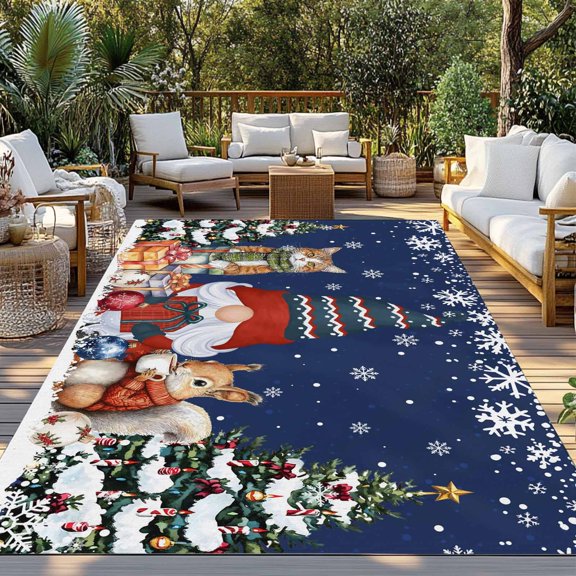 Christmas Gnome Indoor Outdoor Rugs 3x5 Ft, Squirrel Cat Xmas Tree Snowflake Navy Blue Outdoor Patio Rugs Mat Washable Outside Area Rugs Carpet for Porch Deck RV Camping Pool Balcony Backyard