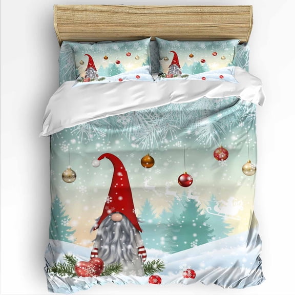 Christmas Gnome King Size Comforter Set, Watercolor Teal Trees Balls Winter Snowflakes Bedding for All Seasons, 4 Pcs Bed Set with 1Comforter (90"x106") ,1 Sheet(94"x116"), 2 Pillowcases (19"x35")
