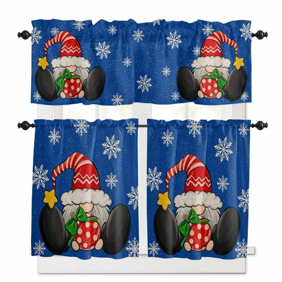 Christmas Gnome Kitchen Curtains and Valances Set, Snowflake Xmas Balls Blue Linen Background Rod Pocket Window Valance Window Curtain Panels for Living Room Bedroom Laundry, 27.5x36in, 3 Pieces