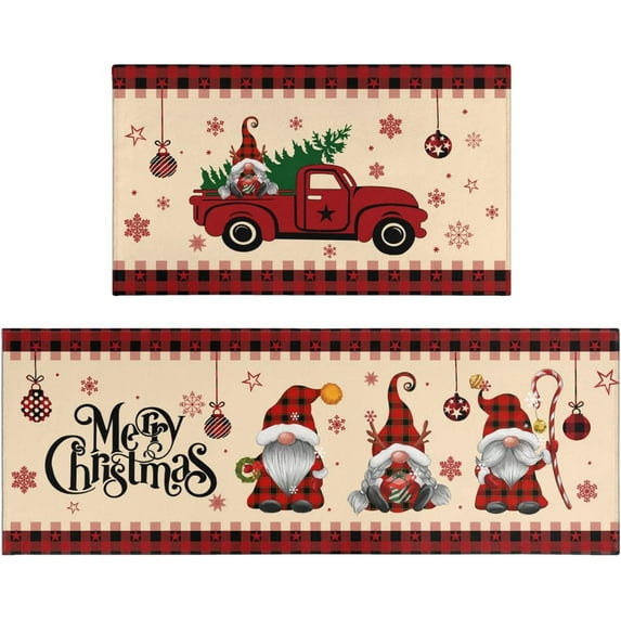 Christmas Gnome Kitchen Rug and Mat 2 Pcs,Red Truck Snowflake Tree Buffalo Plaid Bathroom Rug Non Slip Cushioned Mat Runner Rug Doormat for Christmas Farmhouse Kitchen Decor,17x30+17x47inch