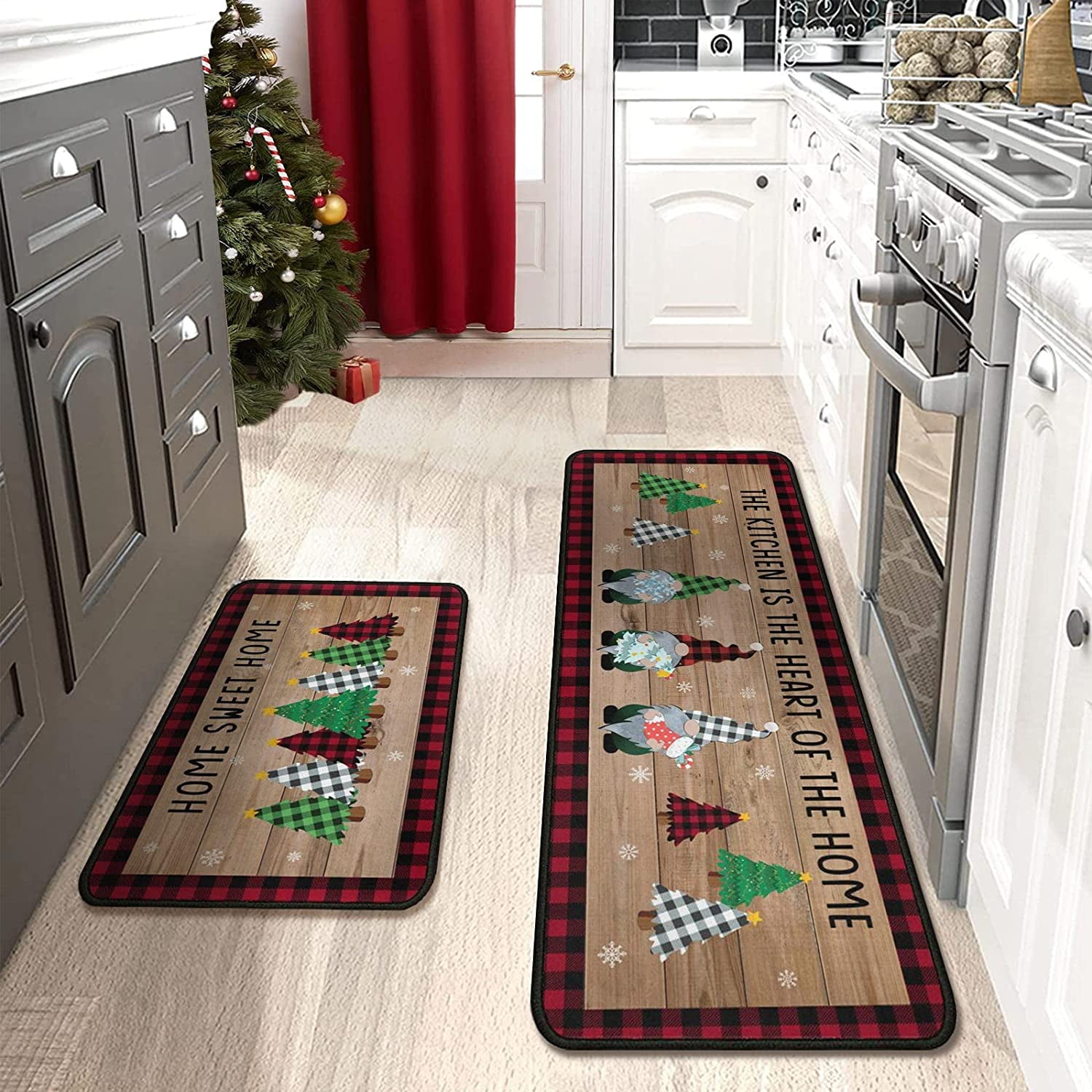 Red and Black Buffalo Plaid Kitchen Decor Rugs Set 2 Piece, Farmhouse Style  Home Indoor Kitchen Rugs and Mats Non Skid Washable 17x47+17x30 Inches