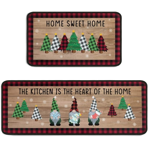 Christmas Gnome Kitchen Rugs Set 2Pcs Non Slip Kitchen Floor Rug and Mat Buffalo Plaid Check Christmas Tree Kitchen Rugs and Mats Carpets for Holiday Indoor Home Decorations 17"x47"+17"x30"
