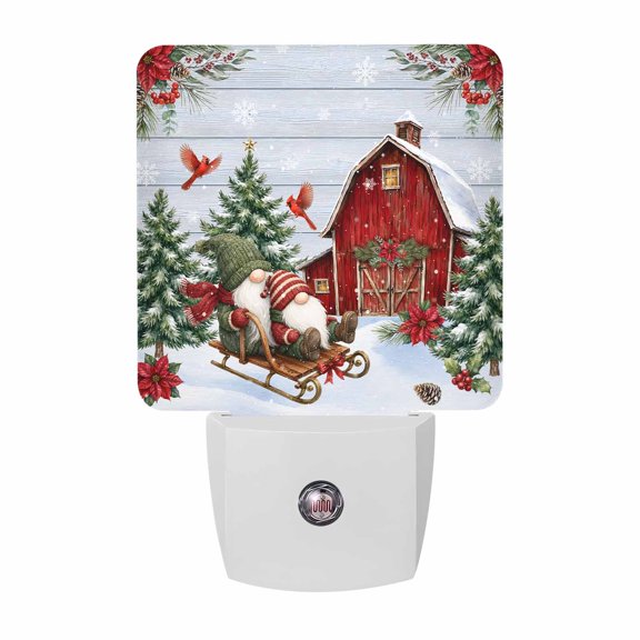 Christmas Gnome LED Night Light, Red Wooden Barn Pine Tree Wood Plank Gray Night Lights plug into Wall with Smart Sensor Dusk to Dawn Sensor for Nursery Bedroom 2.95x4.5in