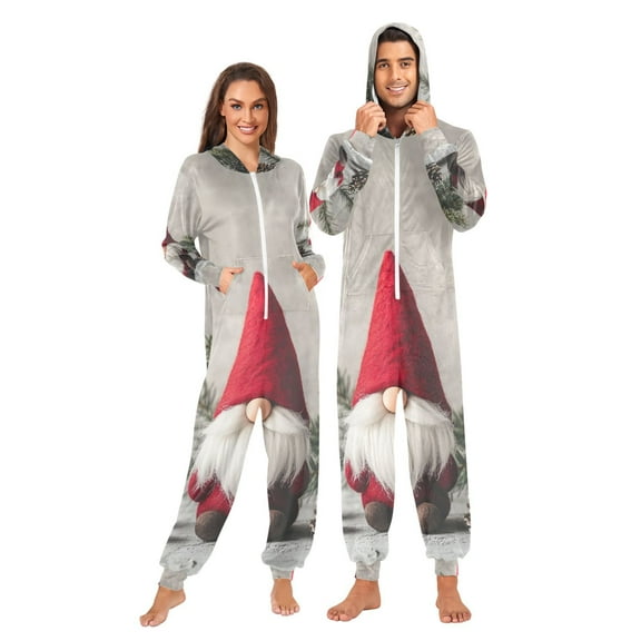 Christmas Gnome Leaves Pines Adult Onesie Pajamas Slim Fit Christmas One Piece Suit Pjs for Women and Men Hooded Zipper