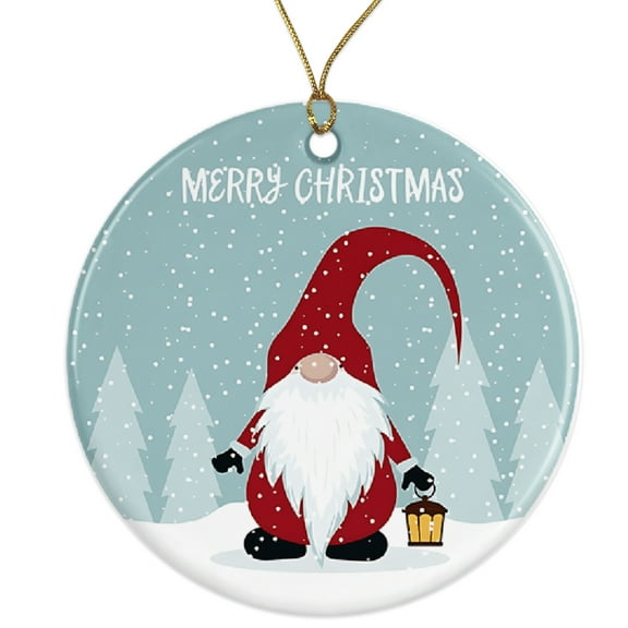Christmas Gnome Ornament - Scandinavian Holiday Decor - Winter Scene Cute Gnome Art - Merry Christmas Gift Idea Ceramic Ornament - 3 Inch Christmas Tree Round Ornament - Xmas Holiday Decor ORNW0256