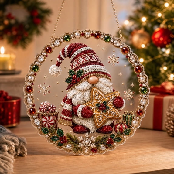 Christmas Gnome Pearl Diamond Art Suncatcher Kit,Diy Rhinestone Adiy Rhinestone Painting Beginner Craft,Xmas Hanging Ornament for Wall Tree Window