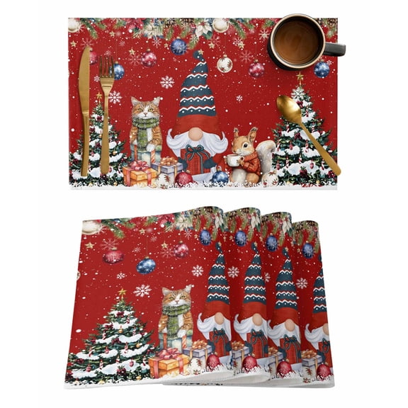 Christmas Gnome Placemats Set of 1 Squirrel Cat Poinsettia Xmas Tree Red Heat Insulation Washable Place Mats, Rustic Non-Slip Table Mats for Dining Table Party Kitchen Decor,13x19 Inch