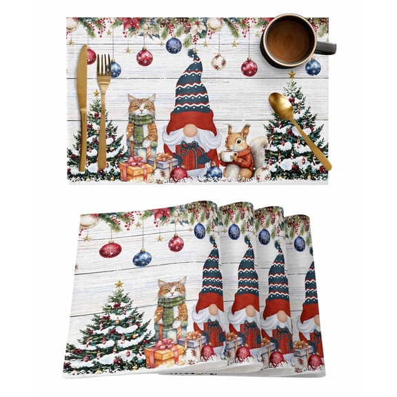 Christmas Gnome Placemats Set of 1 Squirrel Cat Poinsettia Xmas Tree Wood Grain Heat Insulation Washable Place Mats, Rustic Non-Slip Table Mats for Dining Table Party Kitchen Decor,13x19 Inch