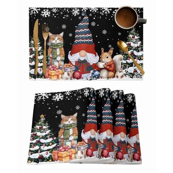 Christmas Gnome Placemats Set of 1 Squirrel Cat Xmas Tree Snowflake Black Heat Insulation Washable Place Mats, Rustic Non-Slip Table Mats for Dining Table Party Kitchen Decor,13x19 Inch