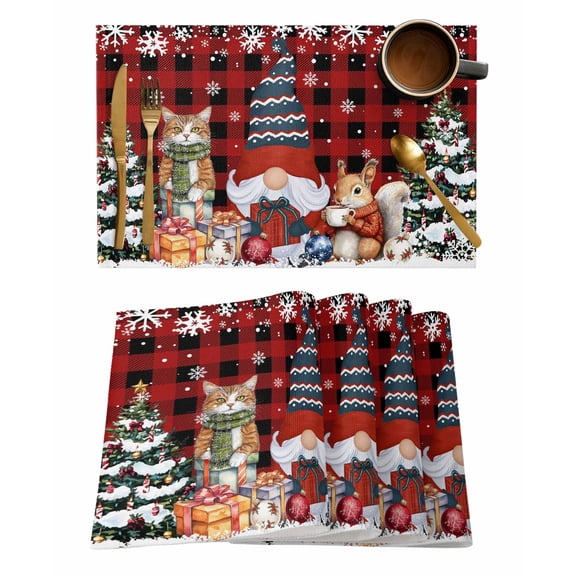 Christmas Gnome Placemats Set of 1 Squirrel Cat Xmas Tree Snowflake Red Plaid Heat Insulation Washable Place Mats, Rustic Non-Slip Table Mats for Dining Table Party Kitchen Decor,13x19 Inch