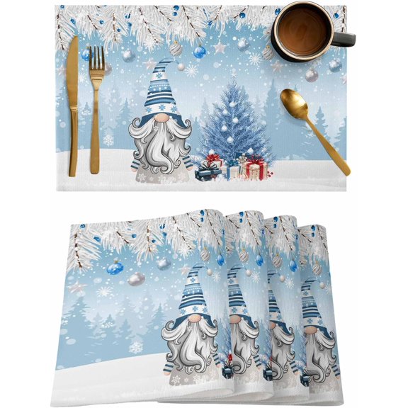 Christmas Gnome Placemats Set of 4, Winter Merry Christmas Tree Balls Heat Resistant Washable Table Place Mats Blue Cotton Table Linens Party Holiday Decor for Kitchen Dining Outdoor Indoor