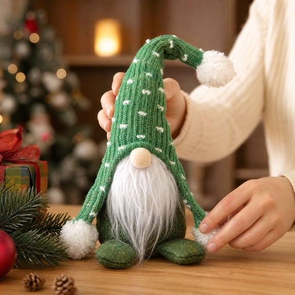Christmas Gnome Plush Decoration, Seated Elf Doll with Bendable Knitted Hat & Soft Body, Cute Holiday Shelf Sitter for Home Window Mantel Tabletop Winter Indoor Decor Accent