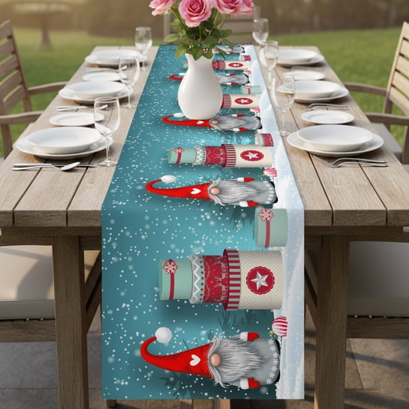 Christmas Gnome Presents Table Runner 13x36in Non-Slip Cotton Linen Table Runners, Xmas Tree Winter Snow Dresser Scarves TableRunner for Dinner Kitchen Dining Wedding Party