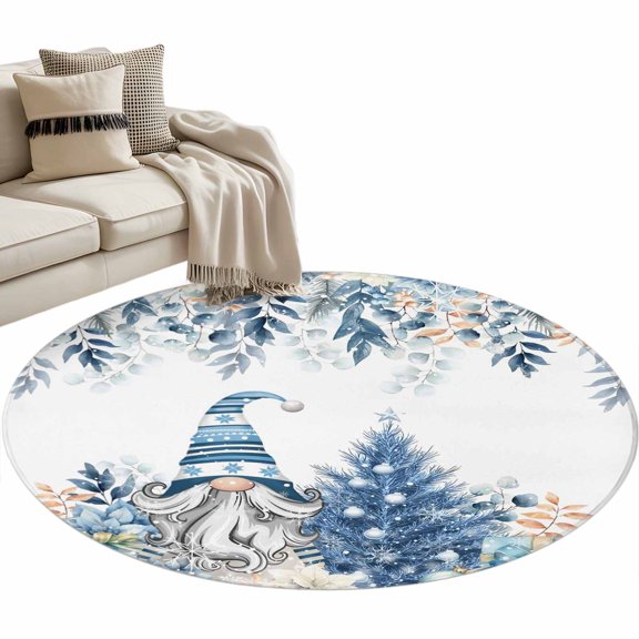 Christmas Gnome Round Area&nbsp;Rug 3.3ft Blue Floral Eucalyptus Leaves Winter Non-Slip&nbsp;Washable Circle Rugs Soft Felt Indoor Floor Mat for Bedroom Kitchen Living Room Bathroom