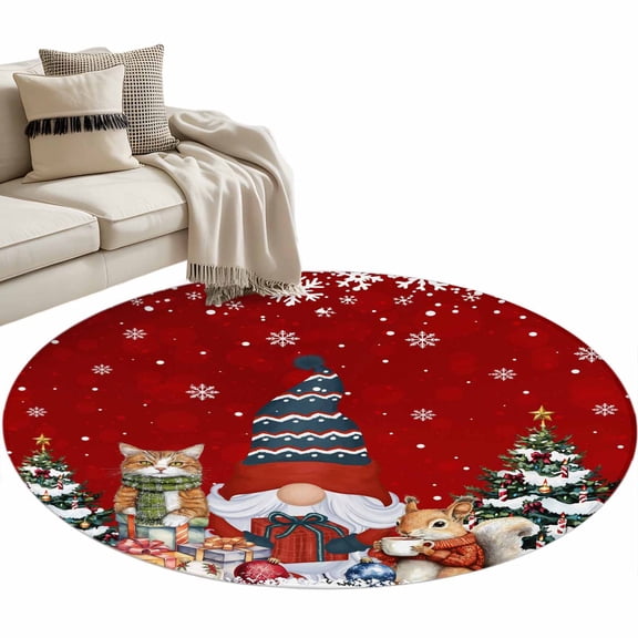Christmas Gnome Round Area Rug 3.3ft Squirrel Cat Xmas Tree Snowflake Red Non-Slip Washable Circle Rugs Soft Felt Indoor Floor Mat for Bedroom Kitchen Living Room Bathroom