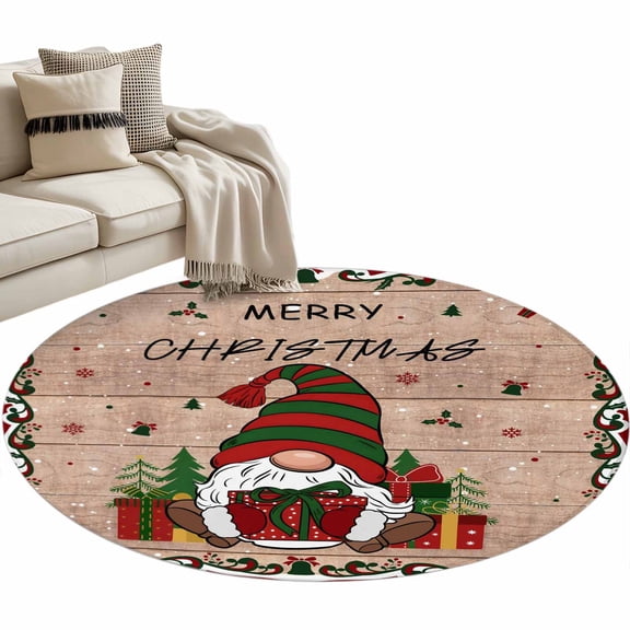 Christmas Gnome Round Area Rug 3ft Red Green Winter Dwarfs Xmas Box Wood Grain Non-Slip Washable Circle Rugs Soft Felt Indoor Floor Mat for Bedroom Kitchen Living Room Bathroom