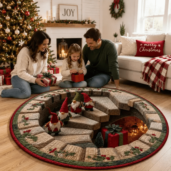 Christmas Gnome Round Rug, 3D Staircase Vortex Optical Illusion Carpet
