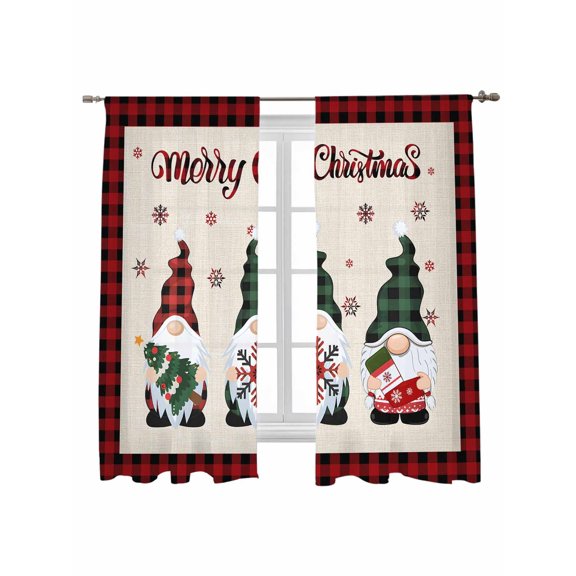Christmas Gnome Sheer Curtains 63 Inch Long 2 Panels, Xmas Dwarfs Snowflakes Retro Linen Plaid Light Filtering Rod Pocket Semi Sheer Curtains, Sheer Voile Drapes for Living Room Bedroom, 52"x63"