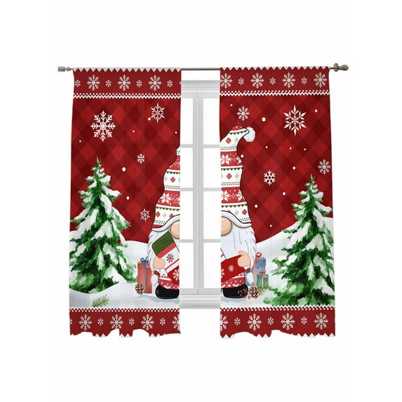 Christmas Gnome Sheer Curtains 72 Inch Long 2 Panels, Red Dwarfs Xmas Tree Snowflakes Argyle Plaid Light Filtering Rod Pocket Semi Sheer Curtains, Sheer Voile Drapes for Living Room Bedroom, 52"x72"