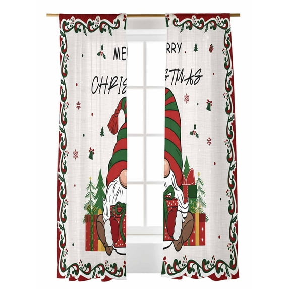 Christmas Gnome Sheer Curtains 84 Inch Long 2 Panels, Red Green Winter Dwarfs Xmas Retro Linen Light Filtering Rod Pocket Semi Sheer Curtains, Sheer Voile Drapes for Living Room Bedroom, 52"x84"