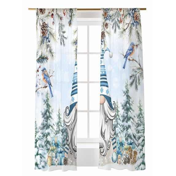 Christmas Gnome Sheer Curtains 96 Inch Long 2 Panels, Pine Tree Leaf Berries Xmas Birds Blue Snow Light Filtering Rod Pocket Semi Sheer Curtains, Sheer Voile Drapes for Living Room Bedroom, 52"x96"