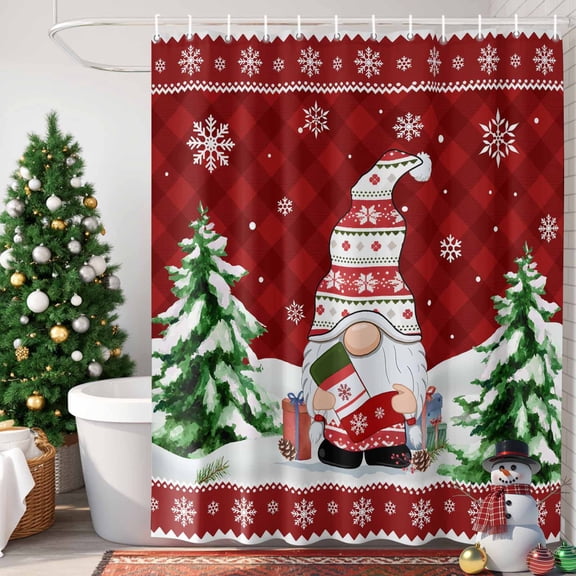 Christmas Gnome Shower Curtain, 72" x 72", Red Dwarfs Xmas Tree Snowflakes Argyle Plaid Waterproof Bathroom Curtain Washable Shower Curtain Set with 12 Hooks
