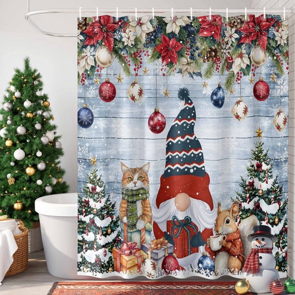 Christmas Gnome Shower Curtain, 72" x 72", Squirrel Cat Poinsettia Xmas Tree Board Waterproof Bathroom Curtain Washable Shower Curtain Set with 12 Hooks