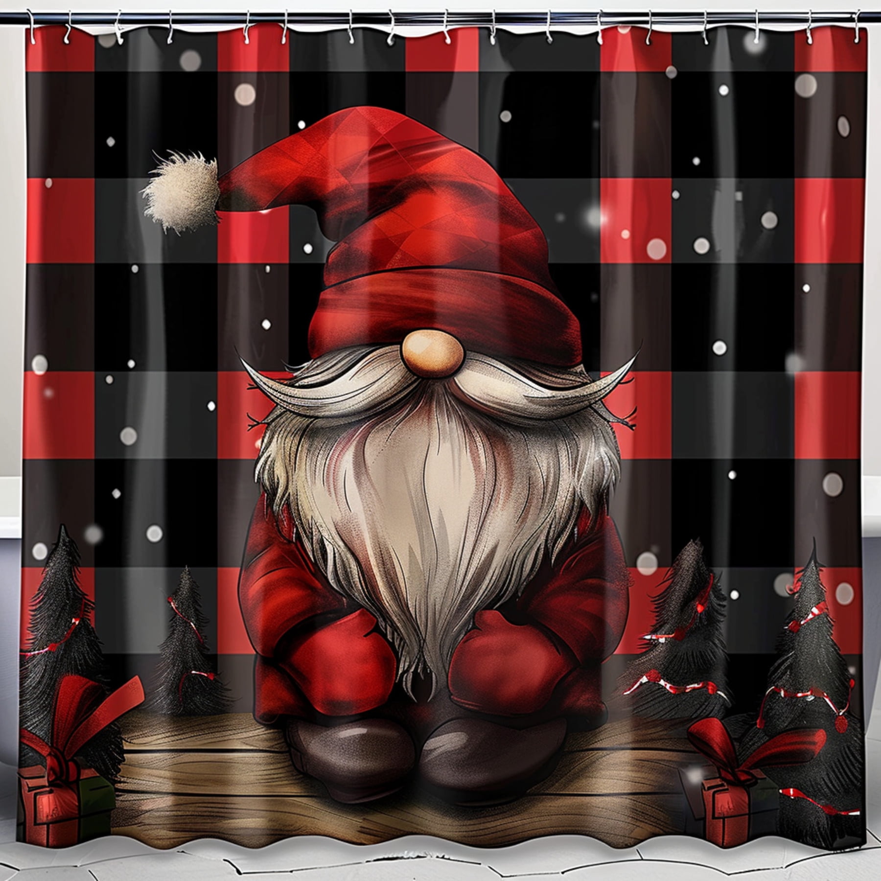 Christmas Gnome Shower Curtain Red and Black Plaid Bathroom Decor Festive Holiday Theme Fantasy