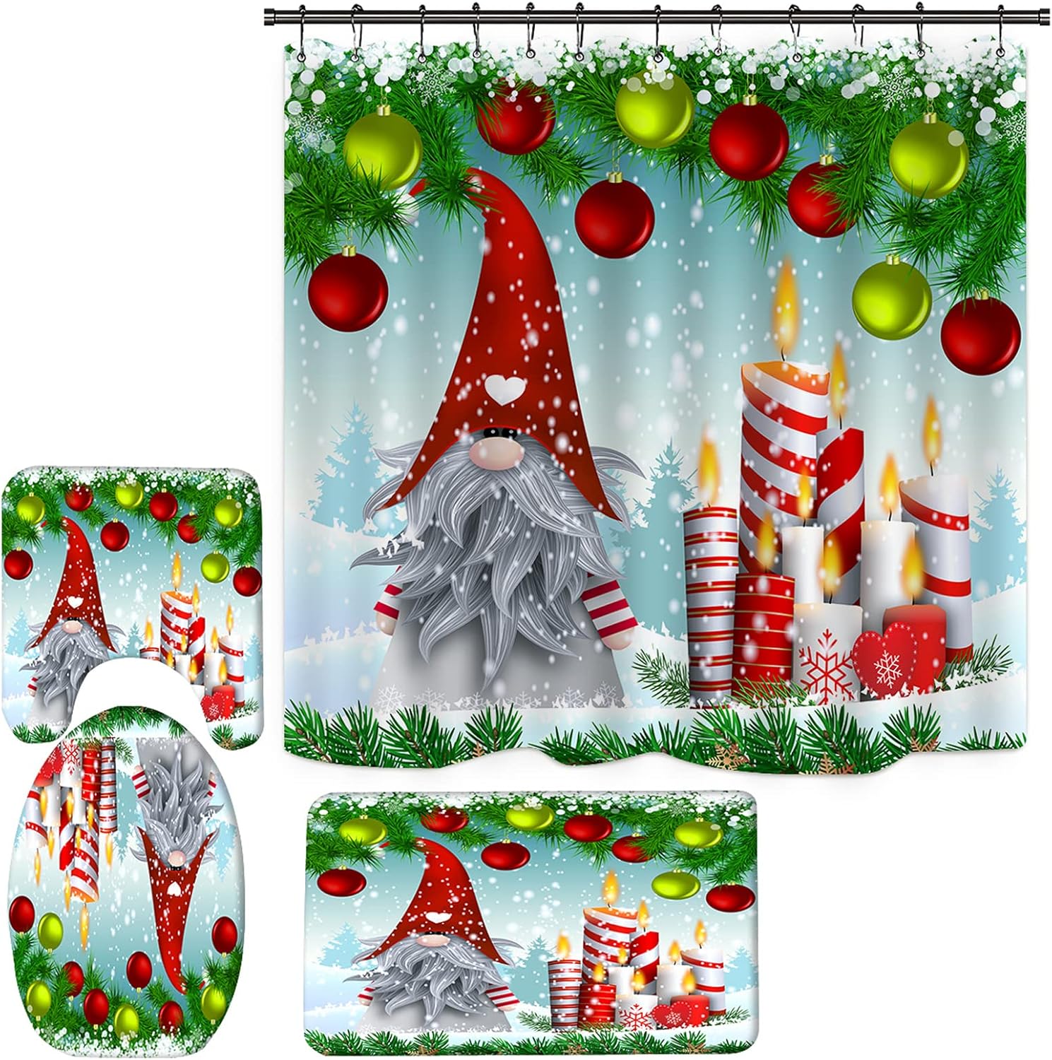 Christmas Gnome Shower Curtain Set for Bathroom, Vintage Christmas