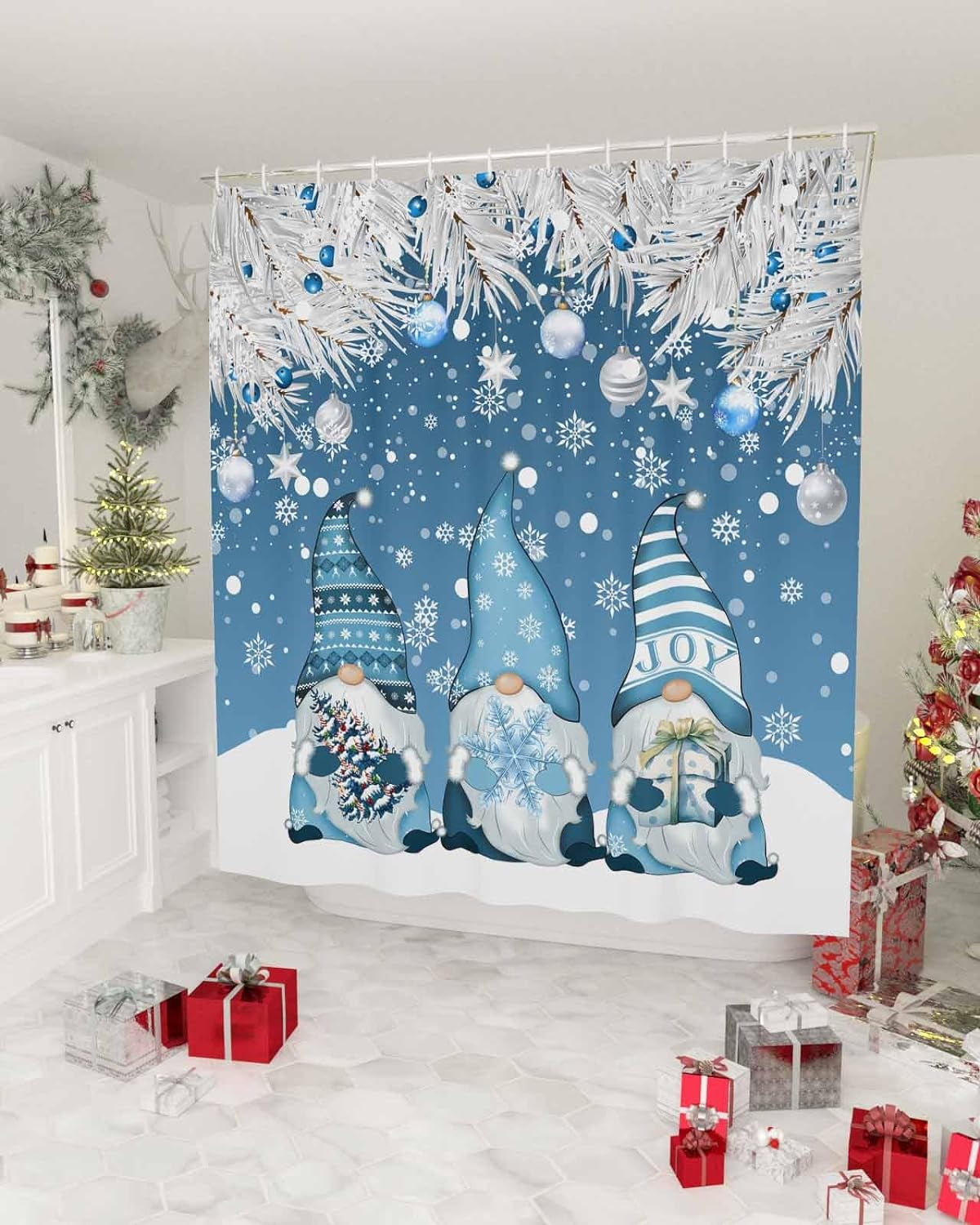 Christmas Gnome Shower Curtains for Bathroom Blue Fabric Shower Curtain