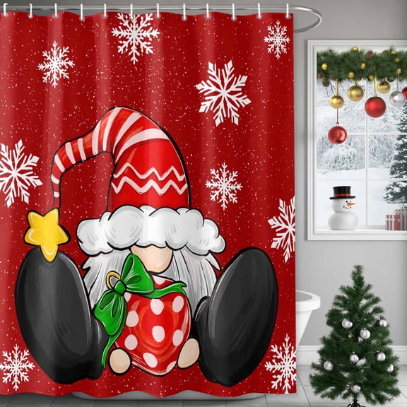 Christmas Gnome Shower Curtains for Bathroom, Snowflake Xmas Balls Waterproof Fabric Shower Curtain for Bathroom Bathtub Decoration, Machine Washable, 36"x72"